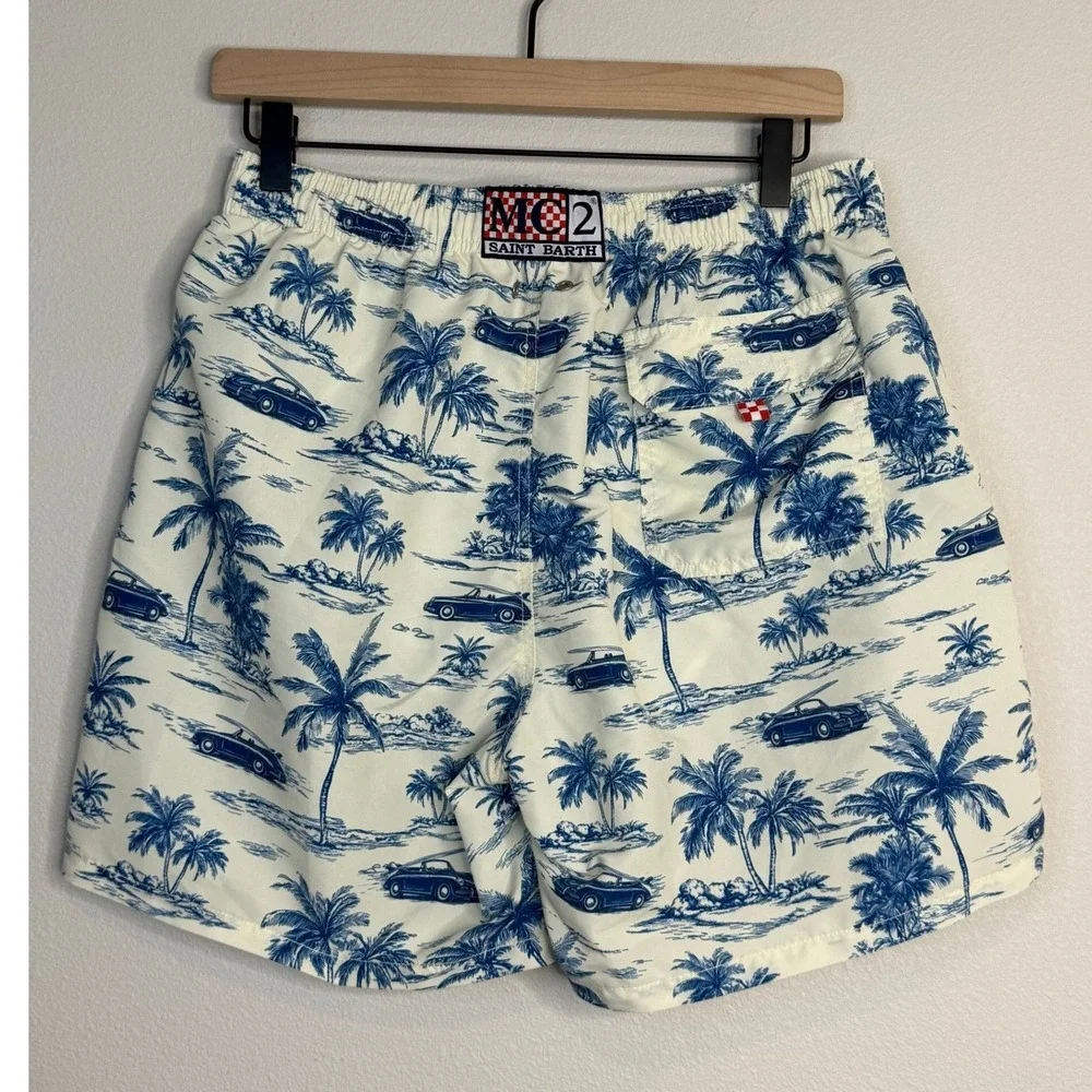 MC2 Saint Barth Men's Swim Trunks Toile De Jouy Vintage Car Palm Tree Blue Large